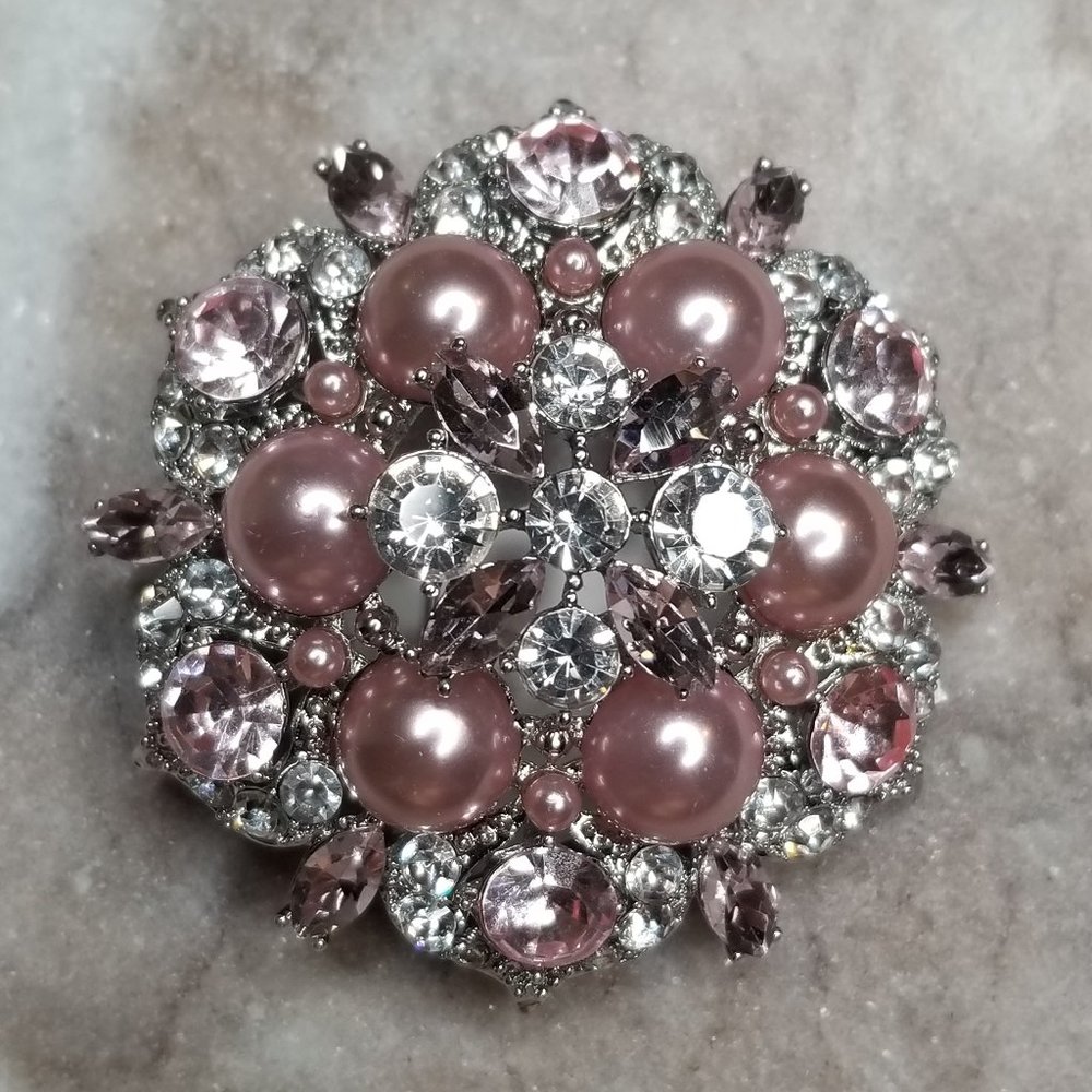 Charter Club Silver-Tone Crystal Pink Imitation Pearl Silver Brooch